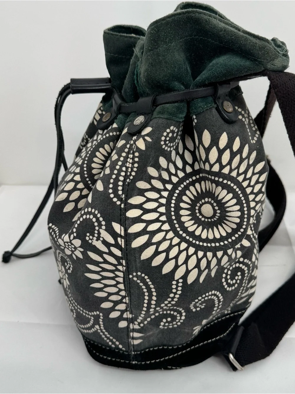 LUCKY BRAND Backpack (Deep Green Suede, Black Suede, Canvas Body, Cotton Straps)
